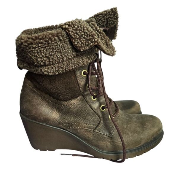 Ecco Brown Distressed Leather Shearling Lace Up Wedge Ankle Boots 36EU / US 5.5 - Picture 2 of 11